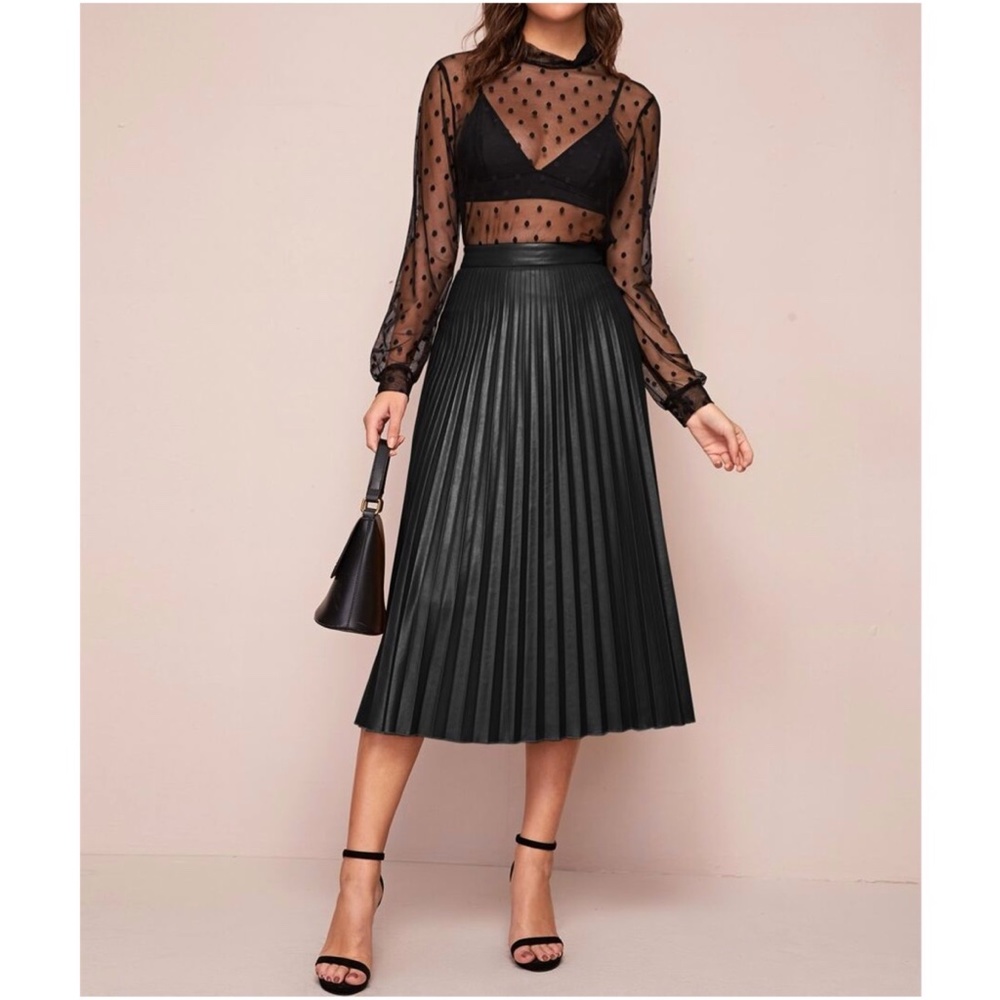 Black pleated accordion midi skirt vegan leather